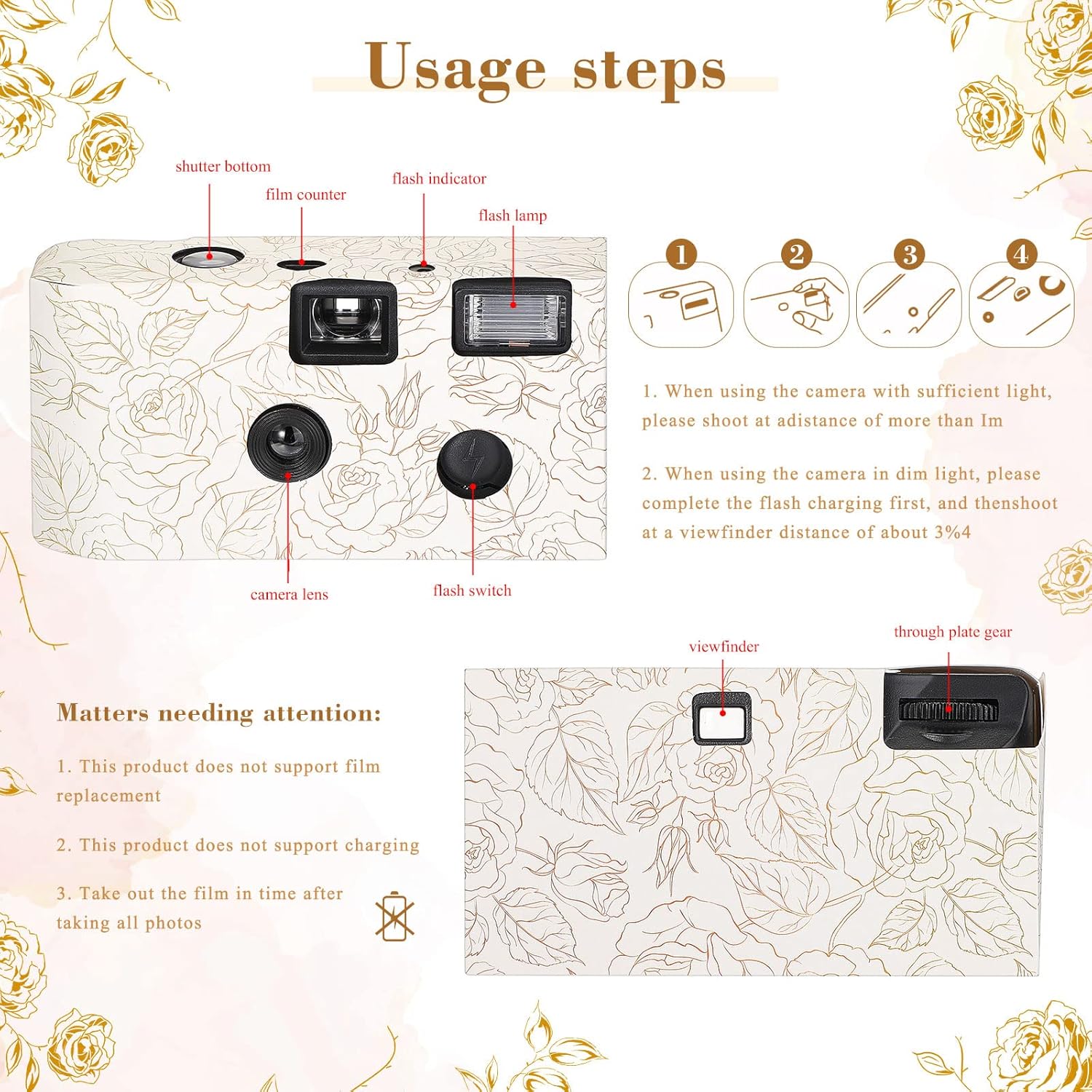 Zhengmy 4 Pack Disposable Camera for Wedding,34mm Single Use Camera with Flash One Time for Gathering Wedding Anniversary Travel Party Supply(Fresh Style, Black White Film) - Image 4
